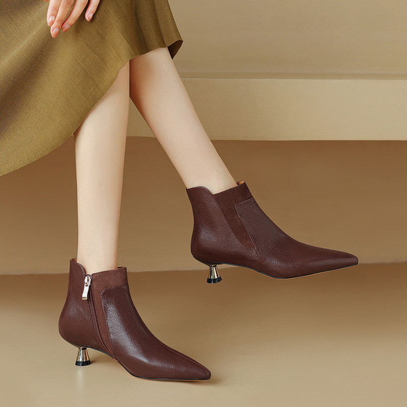 Genuine Leather Pointed-toe Kitten Heel Ankle Boots With A Sleek Mid-heel Design