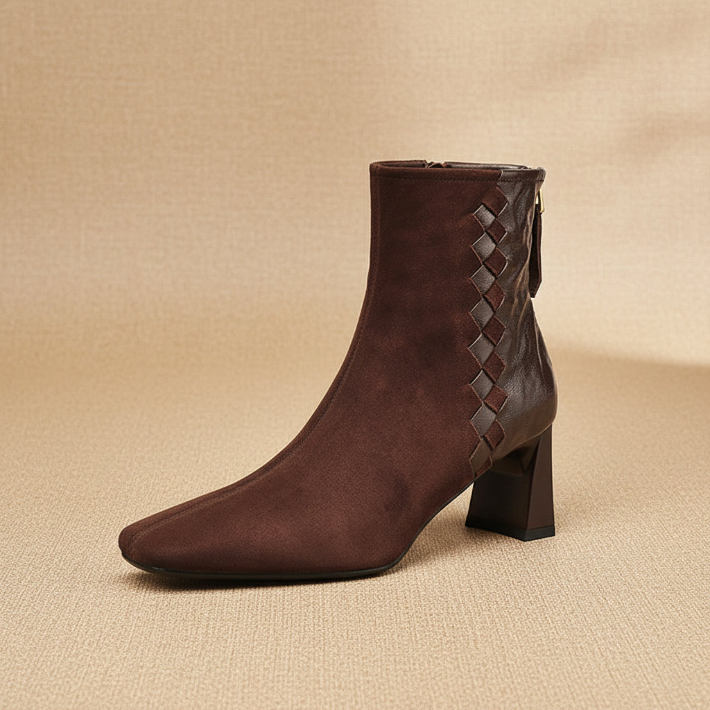 Womens Korean-style Square-toe Leather Chunky-heel Patchwork Ankle Boots