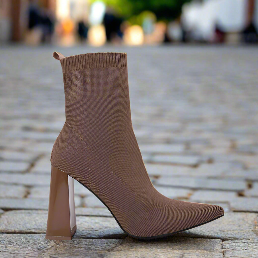 Brown Yellow Geometric High Heel Chunky Heel Retro Ankle Boots Elastic Socks Boots Women Boots