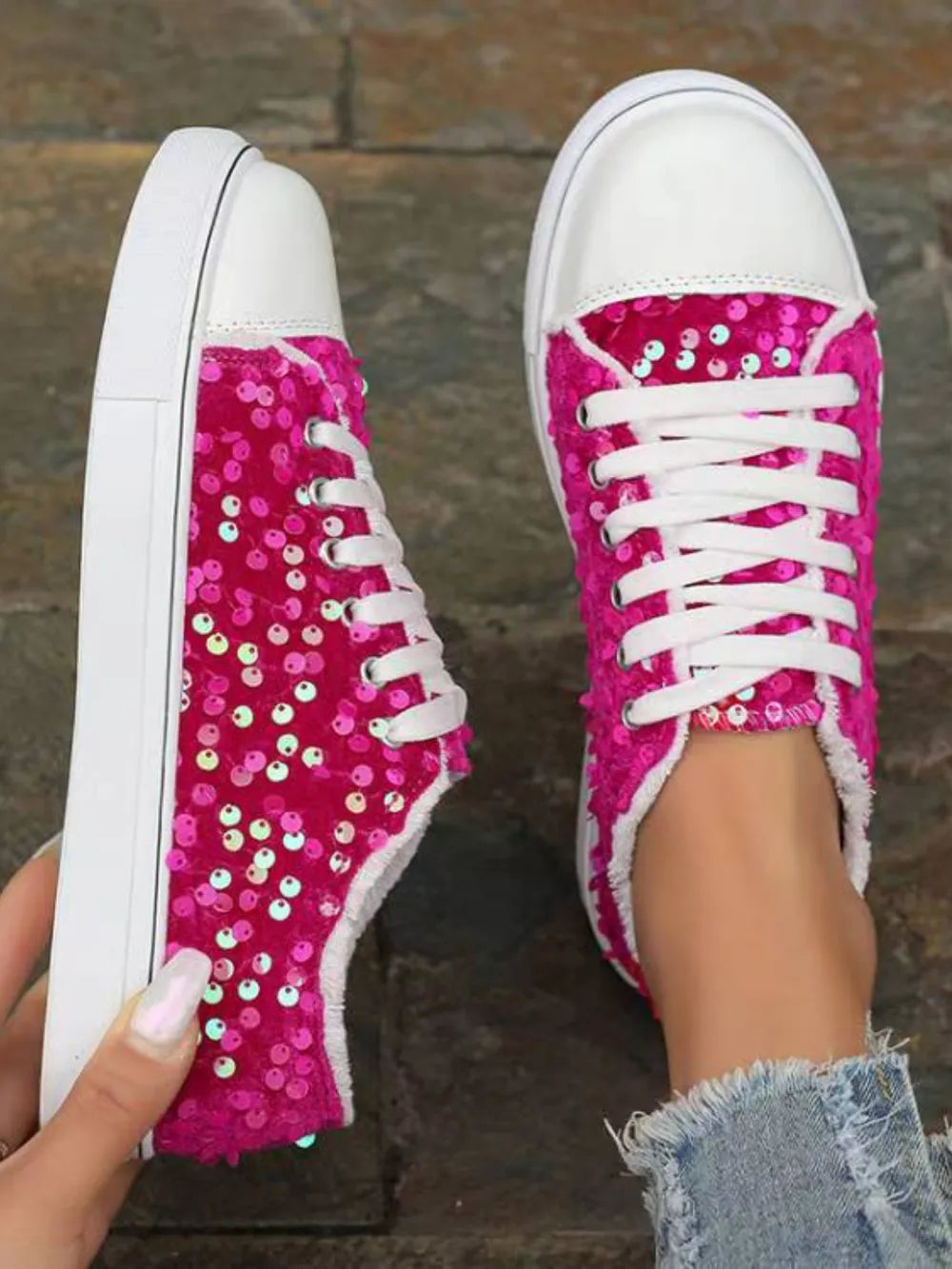 Sequin Round Toe Flat Sneakers Sneakers