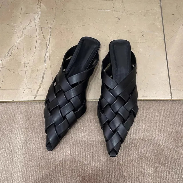 Fashion Women Slippers Pointed Toe Shallow Slip On Mules Shoes Black Summer Slides Slippers Flats Heeled Mules Shoes casual slippers