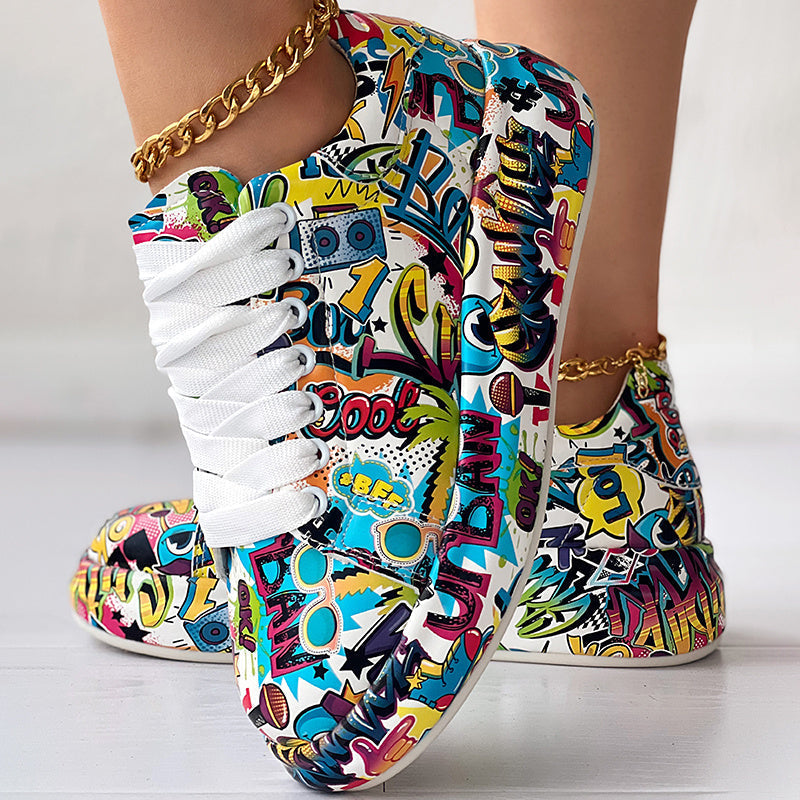 Women's Casual Round Toe Thick Sole Lace-Up Sneakers, Random Print Design, Comfortable Sporty Shoes For Daily Wear CJ US