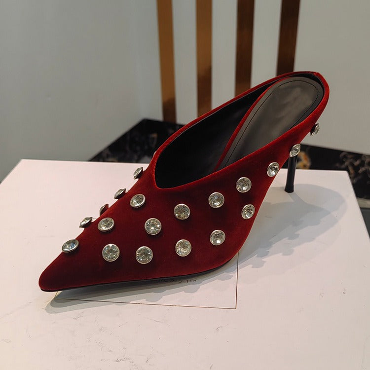 Women Crystal Embellished Mules Sexy Pointed-toe Stiletto Heels Pumps Female Slip-on Slides Ladies casual slippers