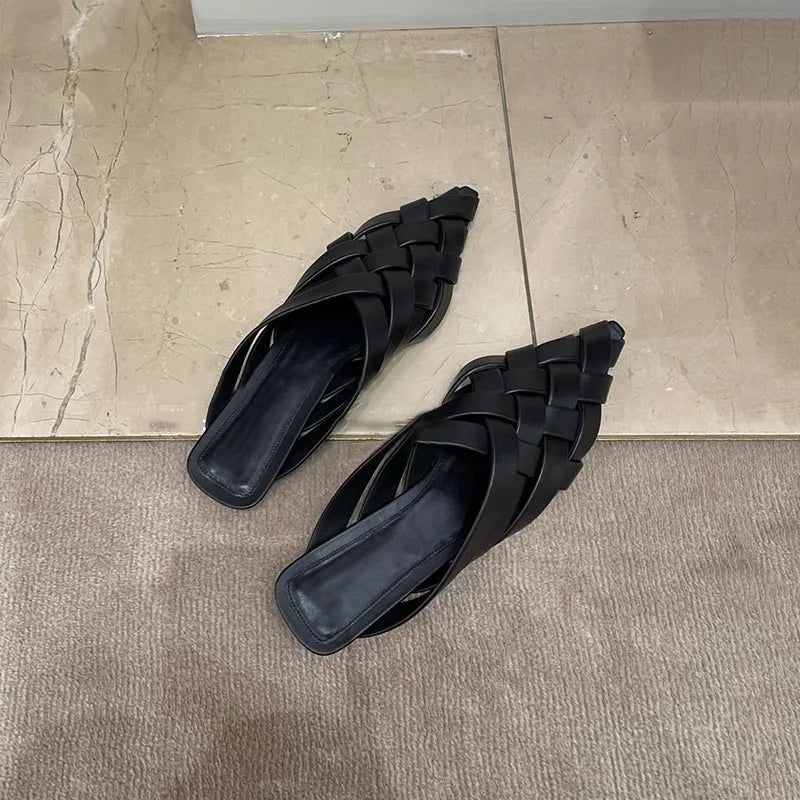 Fashion Women Slippers Pointed Toe Shallow Slip On Mules Shoes Black Summer Slides Slippers Flats Heeled Mules Shoes casual slippers
