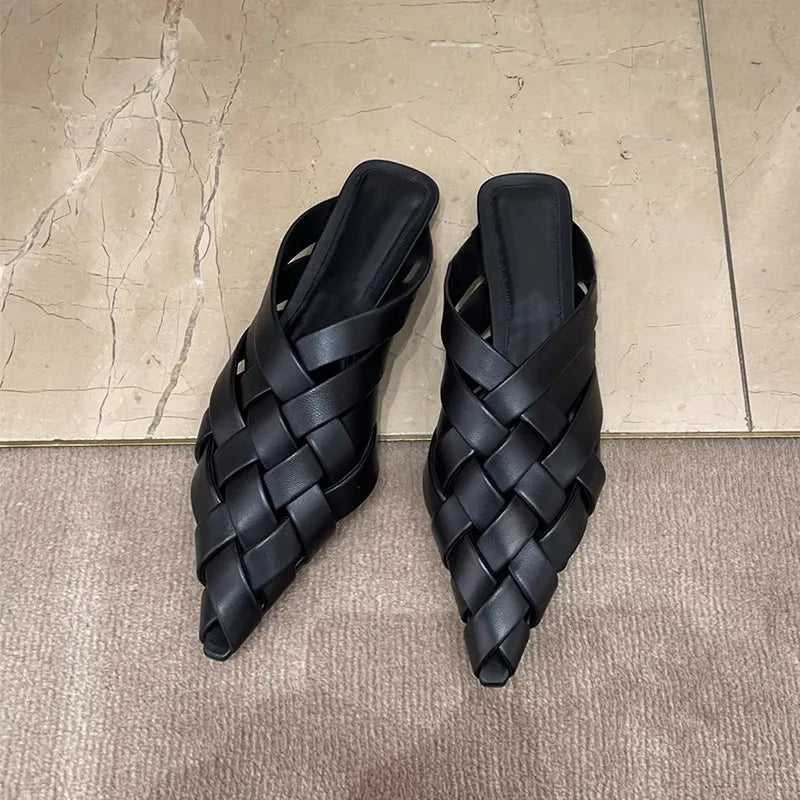 Fashion Women Slippers Pointed Toe Shallow Slip On Mules Shoes Black Summer Slides Slippers Flats Heeled Mules Shoes casual slippers