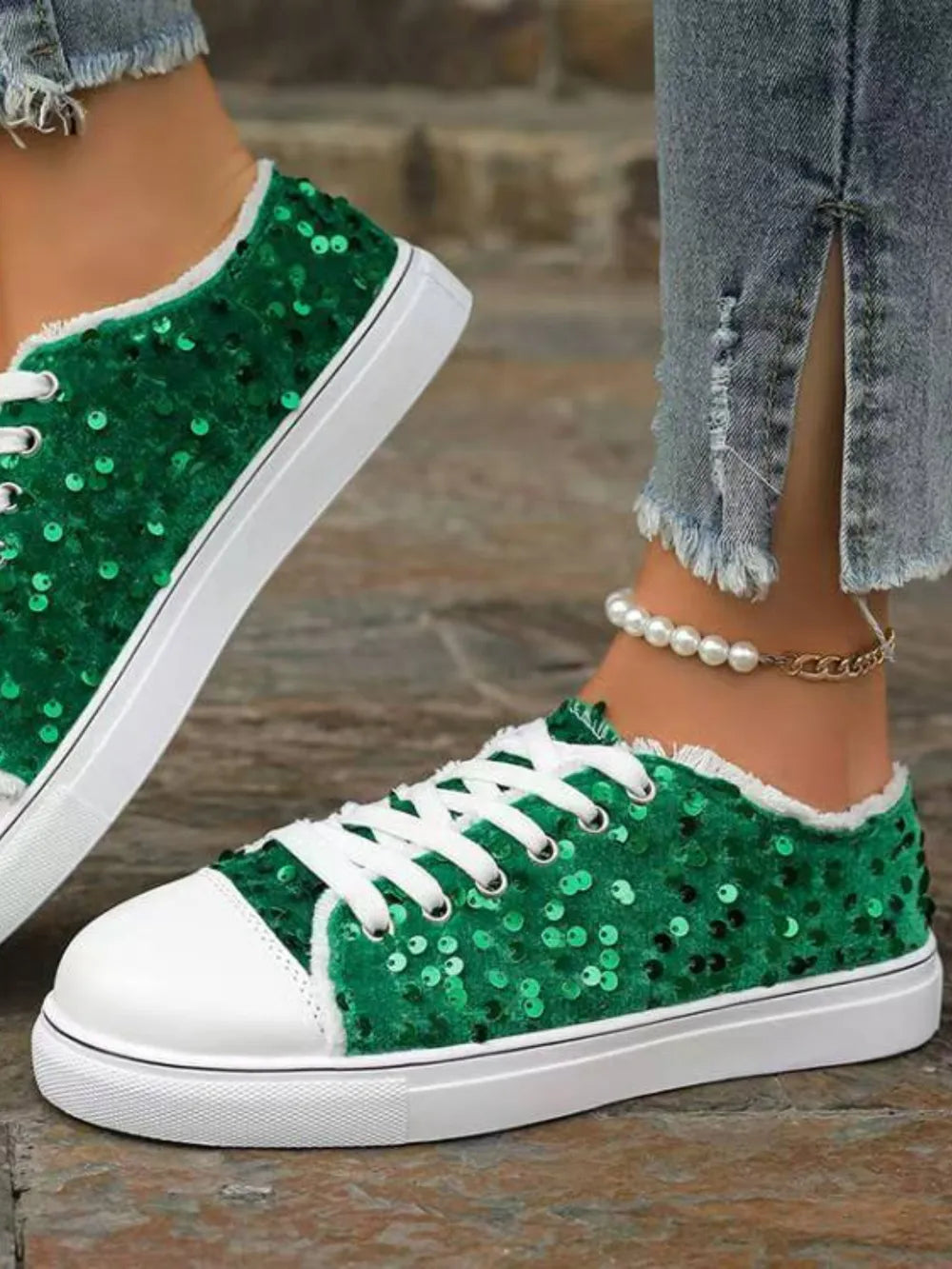 Sequin Round Toe Flat Sneakers Sneakers