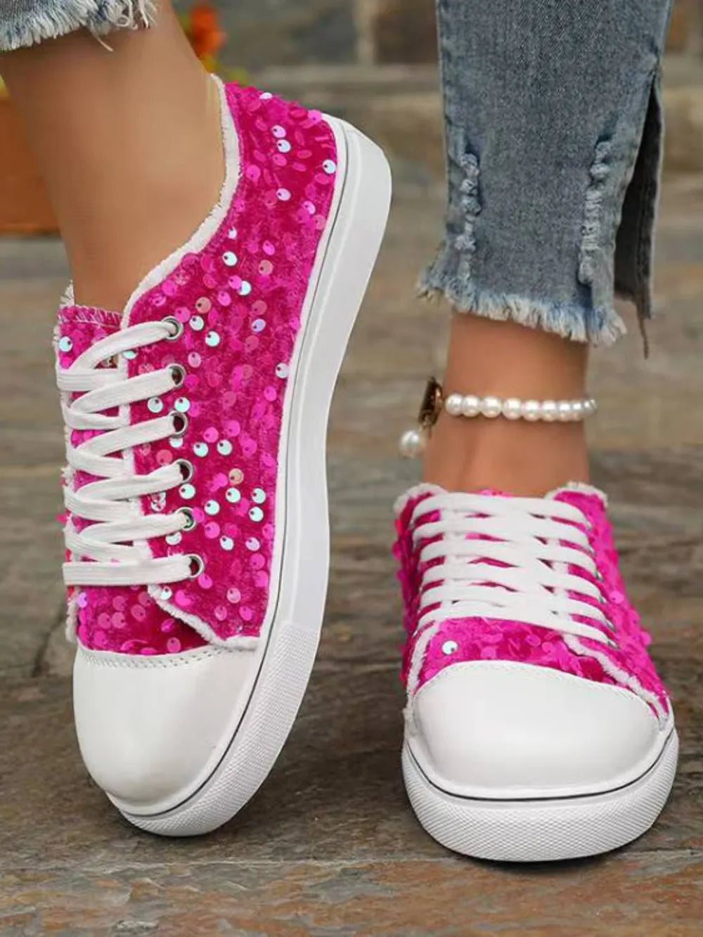 Sequin Round Toe Flat Sneakers Sneakers