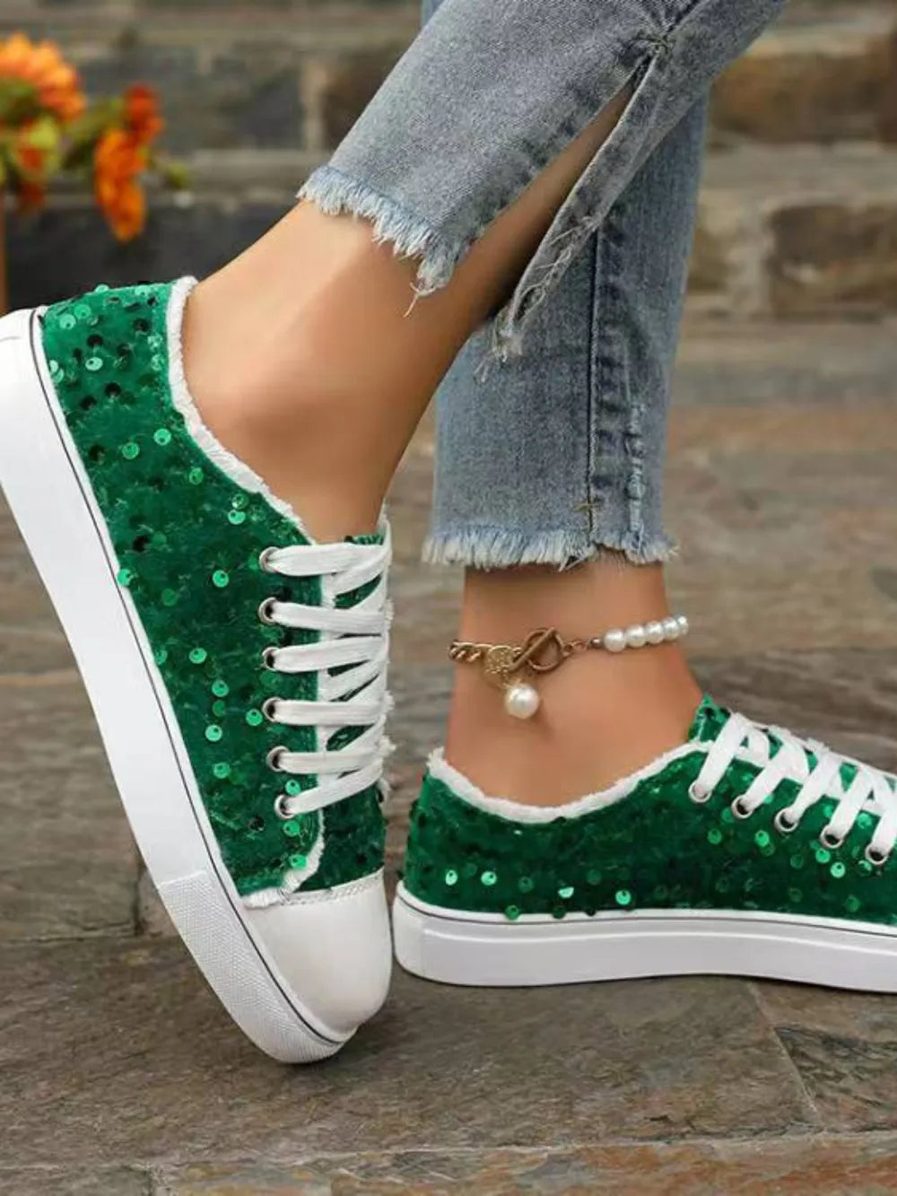 Sequin Round Toe Flat Sneakers Sneakers