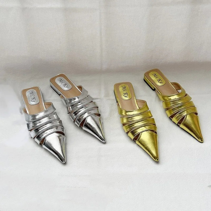 Pointed Toe Women Slides Slippers Black Gold Silver White Casual Outside Flat Slippers Hollow Dress Shoes Summer Slip On Pumps casual slippers