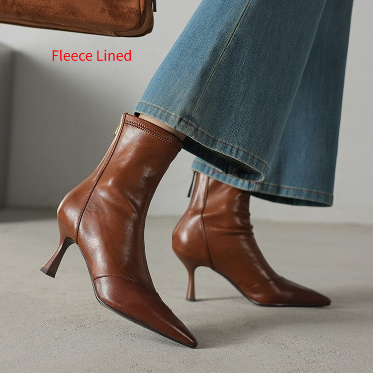 Stiletto-heeled Cowhide Pointed-toe Ankle Boots With A Back Zipper