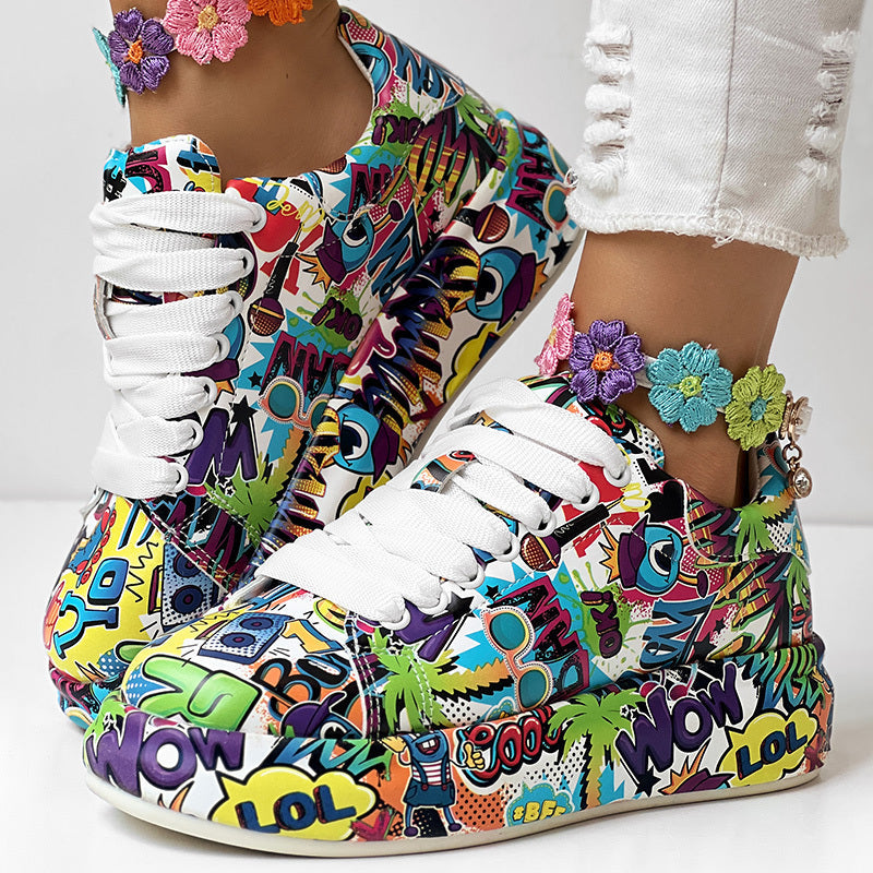 Women's Casual Round Toe Thick Sole Lace-Up Sneakers, Random Print Design, Comfortable Sporty Shoes For Daily Wear CJ US