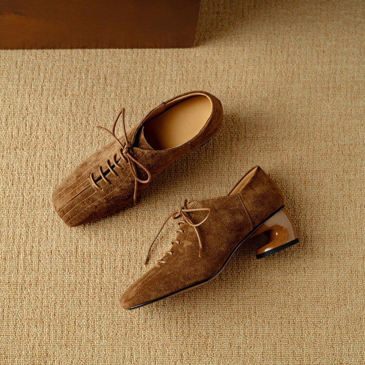 Womens New Retro Sheepskin Chunky-Heel Pumps With A Square Toe