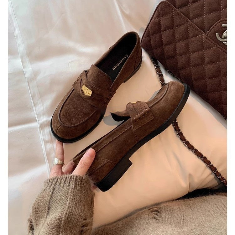 Round-toe Small Gold Coin Loafers British-style Leather Slip-ons