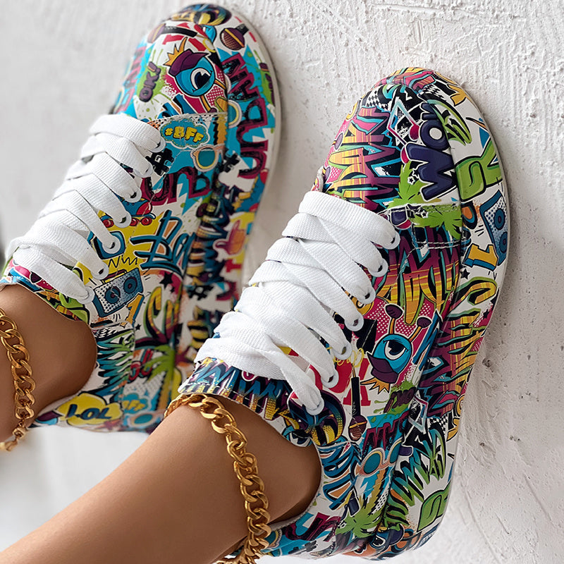 Women's Casual Round Toe Thick Sole Lace-Up Sneakers, Random Print Design, Comfortable Sporty Shoes For Daily Wear CJ US