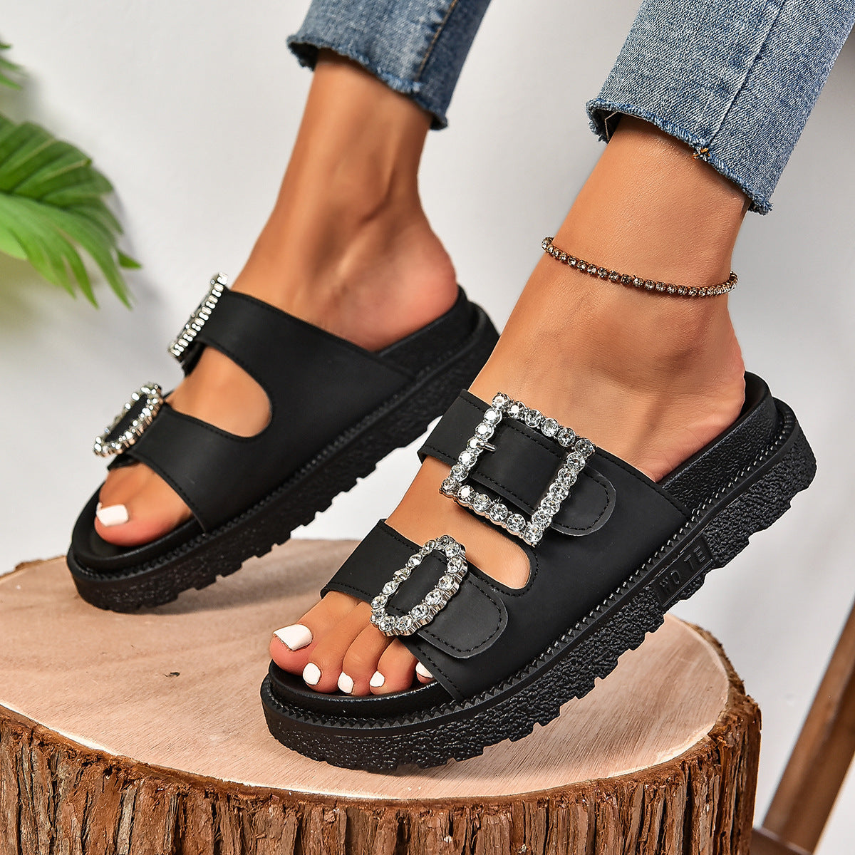 Fashion Rhinestone Belt Buckle Platform Sandals  casual slippers