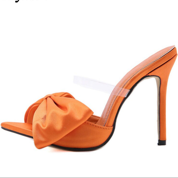 New Fashion Bowknot Women's Slippers Pointed Toe Thin High Heels Summer Elegant Dress Party Ladies Slides Pumps Shoes  casual slippers