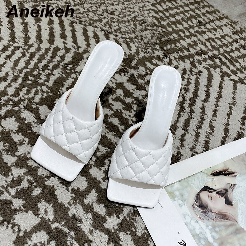 Aneikeh NEW Sexy PU Diamond Square Head Peep Toe Thin High Heels Slippers Summer Fashion Slip On Slides Women Mules Party Shoes  casual slippers