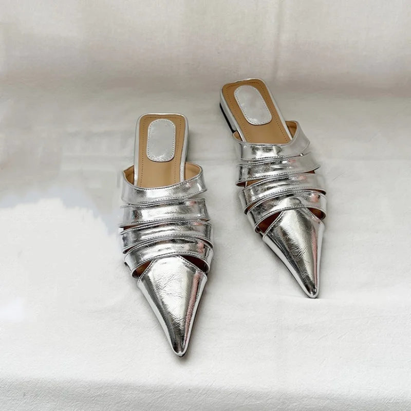 Pointed Toe Women Slides Slippers Black Gold Silver White Casual Outside Flat Slippers Hollow Dress Shoes Summer Slip On Pumps  casual slippers