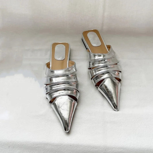 Pointed Toe Women Slides Slippers Black Gold Silver White Casual Outside Flat Slippers Hollow Dress Shoes Summer Slip On Pumps  casual slippers