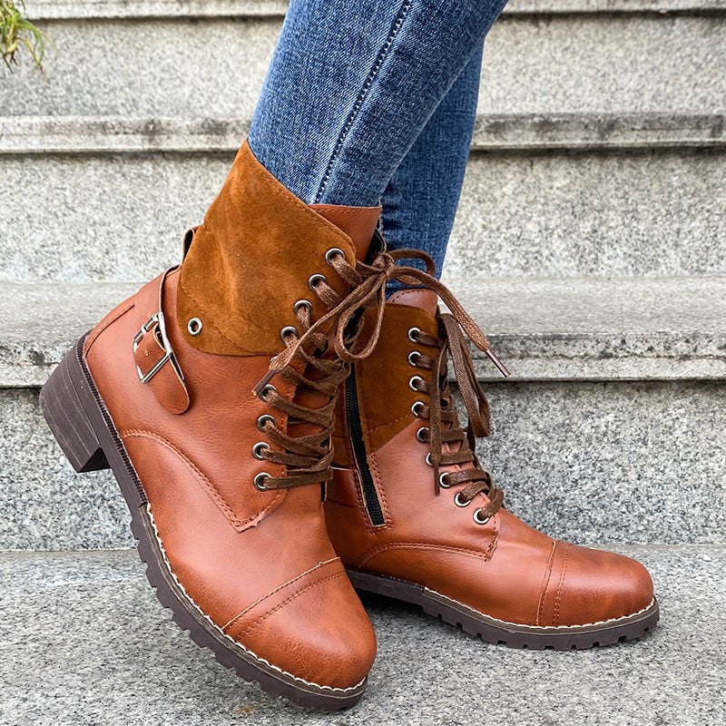 Couple Round Toe Martin Boots Chunky Heel Lace-up  Boots