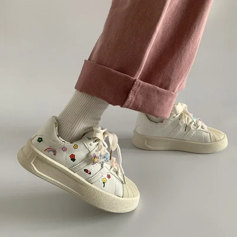 Spring Sports Running White Chunky Sneakers Women Shoes Platform Loafers Lace Up Flats Trend Spring Casual  Vulcanized Shoes  Sneakers