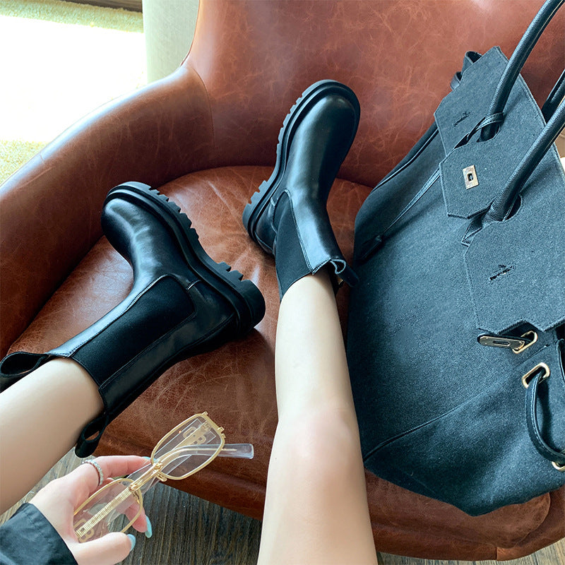 Mid-calf Thick-soled Women's Leather Boots In British Style 