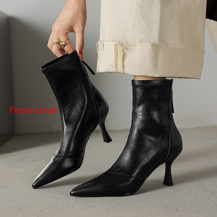 Stiletto-heeled Cowhide Pointed-toe Ankle Boots With A Back Zipper 