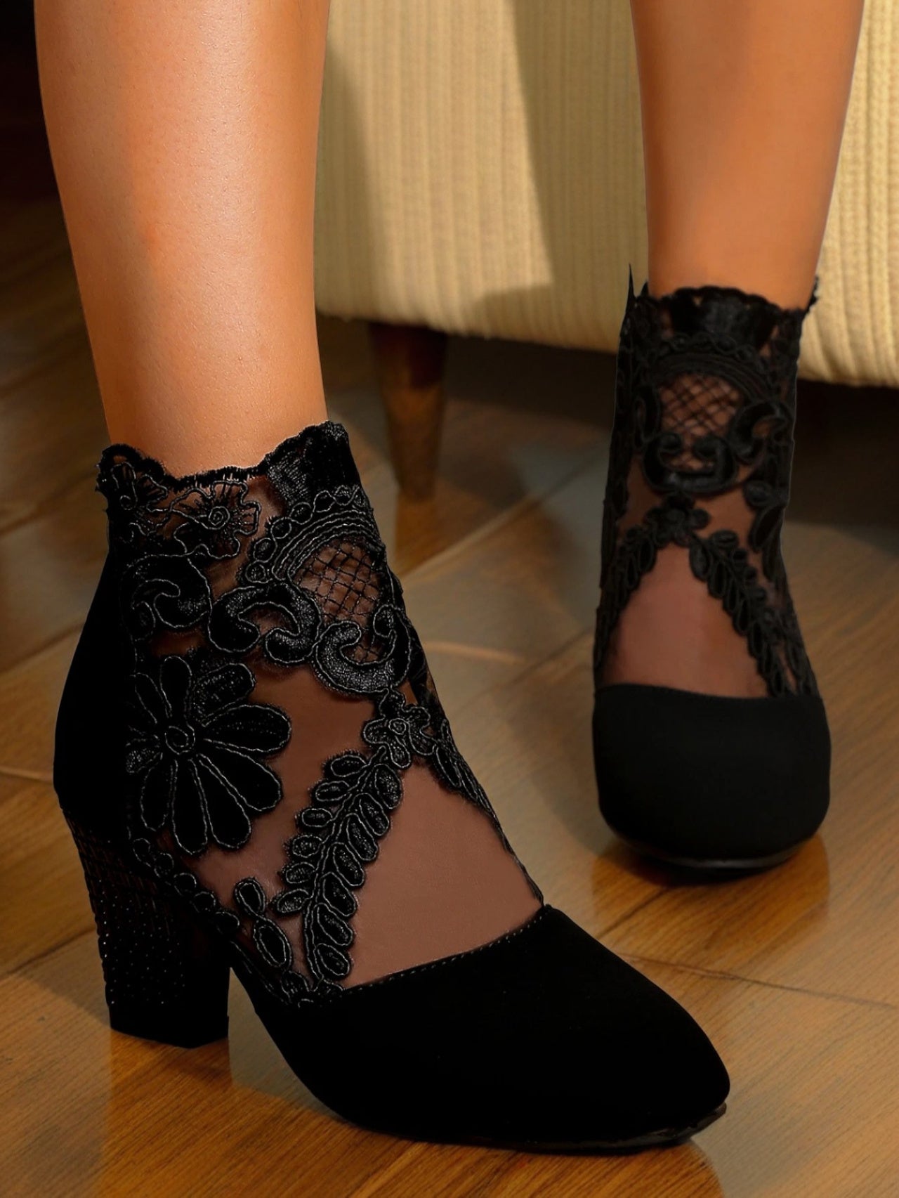 CBlack Lace Embroidered Mesh Ankle Boots, Chunky Rhinestone High-heeled Ankle Boots, Suede Patchwork Sexy Hollow-out Women's Boots, Versatile For Dating And Commuting, Exuding Elegant Femininity, Uniq 