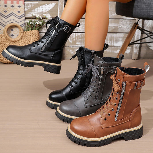 New Women's Solid Color Low Heel Middle Boots CJ