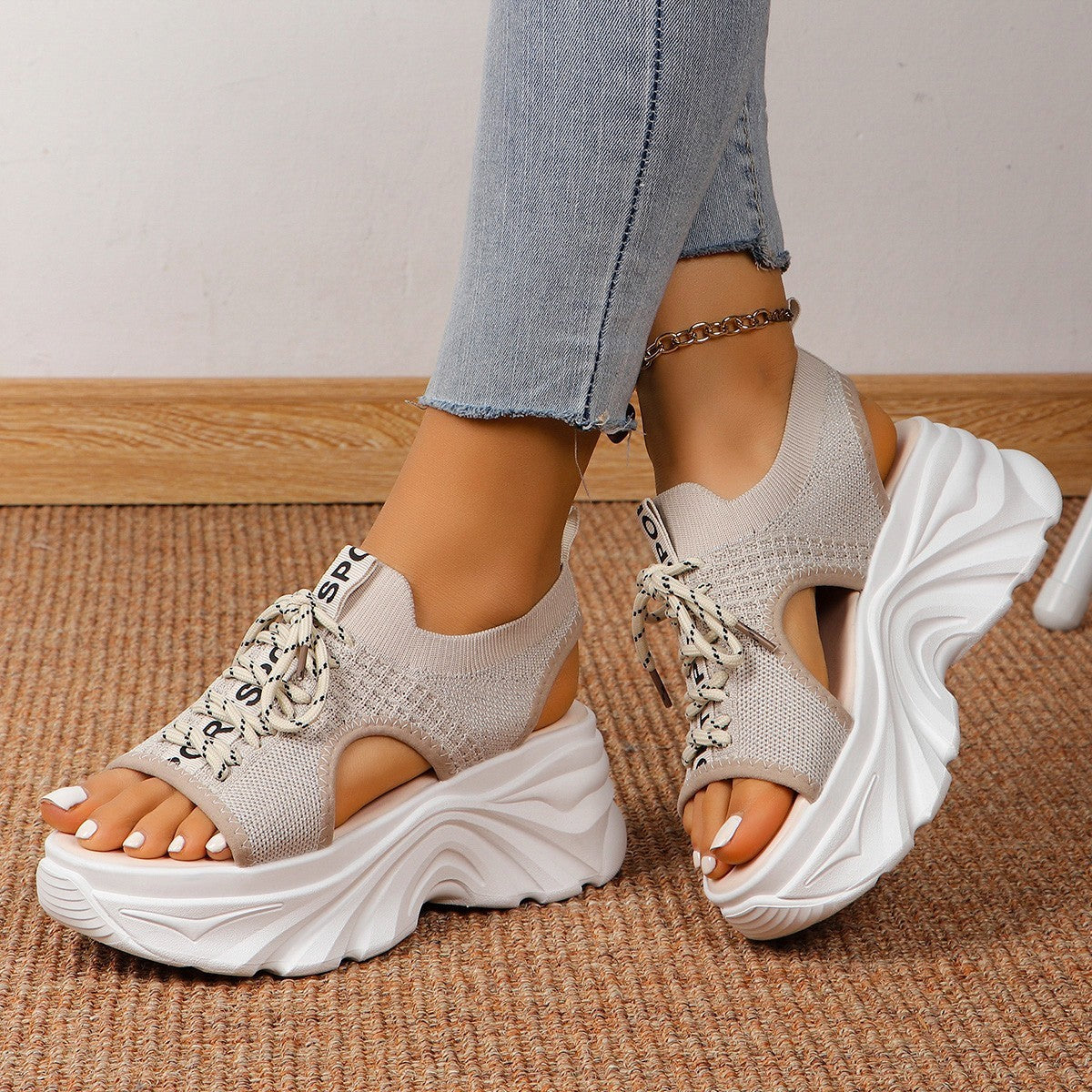 Women's Shoes Fashion Hollowed-out Mid Heel Mesh Sports Platform Sandals  casual slippers