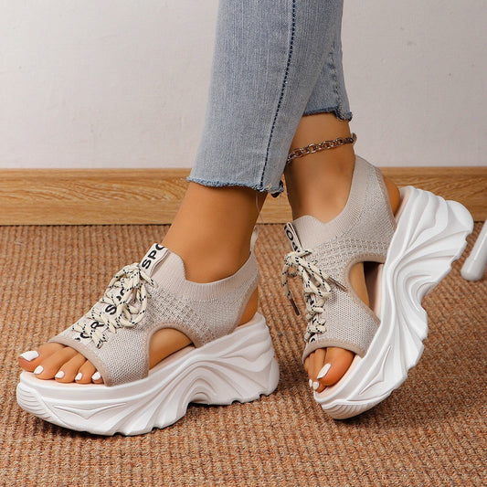 Women's Shoes Fashion Hollowed-out Mid Heel Mesh Sports Platform Sandals  casual slippers