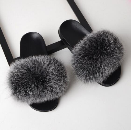 Women Flat Non-slip Solid Fox Fur Slides Real Fox hair Slides Large Size Slippers  casual slippers