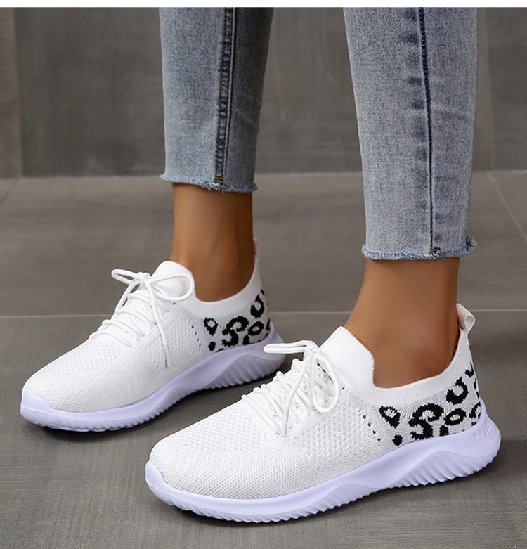 White Shoes Women Leopard Print Lace-up Sneakers Sports  Sneakers