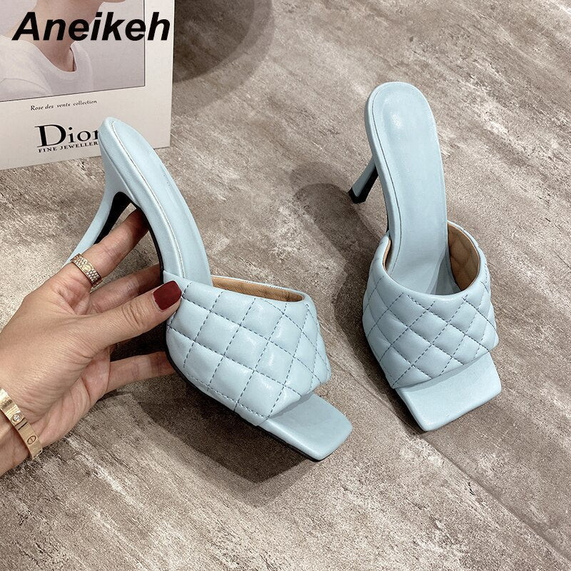 Aneikeh NEW Sexy PU Diamond Square Head Peep Toe Thin High Heels Slippers Summer Fashion Slip On Slides Women Mules Party Shoes  casual slippers