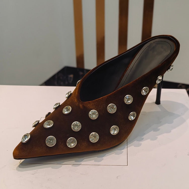 Women Crystal Embellished Mules Sexy Pointed-toe Stiletto Heels Pumps Female Slip-on Slides Ladies  casual slippers