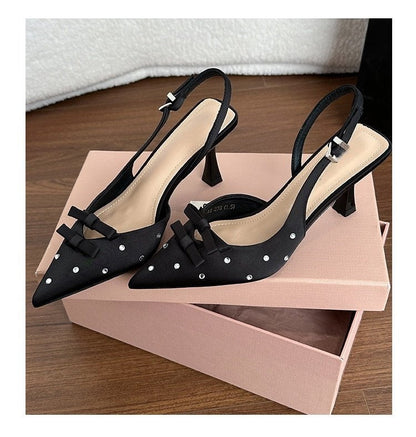 2026 Spring-Summer New Closed Toe Slingback Heeled Sandals For Women, Stiletto Heel With Bowknot, Rhinestone Fashion High Heels, European & American Style 