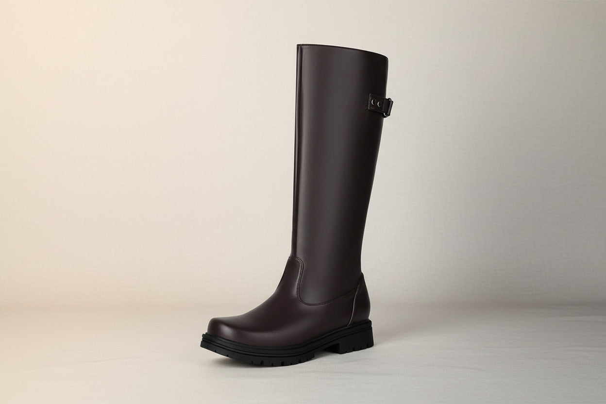 Womens Retro British-Style Leather Belt-Buckle Riding Boots 