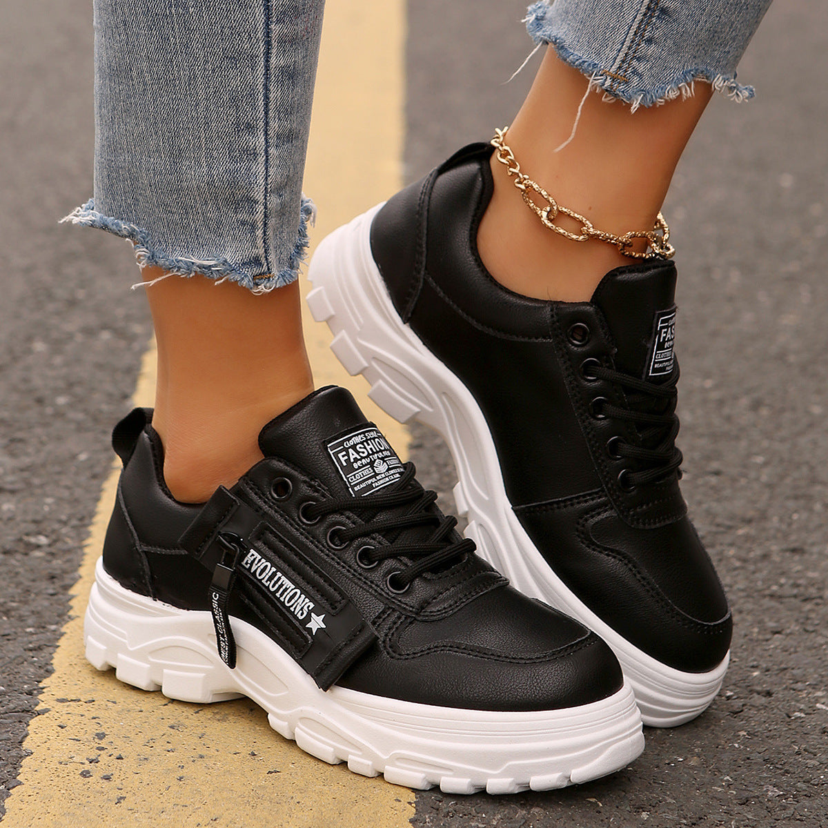 Lace-up Sports Shoes With Side-Zipper Design Fashion Thick-soled Round-toe Casual Shoes For Women Sneakers  walking shoes