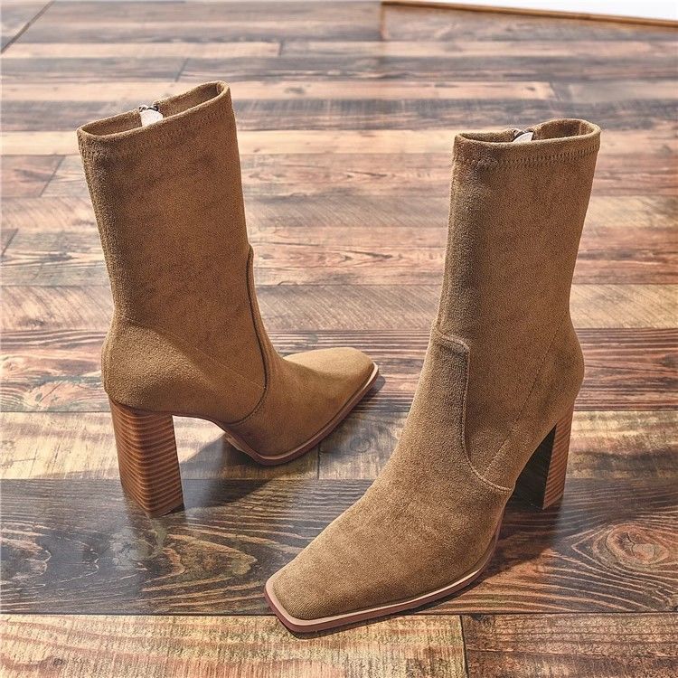 New Square Toe Fleece-lined New Chunky Heel French Boots 