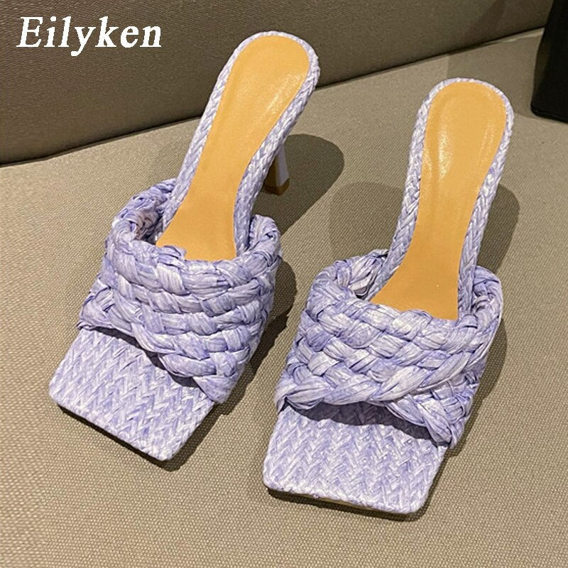 Eilyken New Summer Design Weave Square Toe Heels High Quality Slippers Gladiator Beach Womens Sandal Slides Shoes  casual slippers