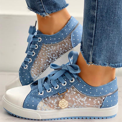Floral Embroidered Polka Dot Print Sneakers — Women’s Casual Canvas Shoes 