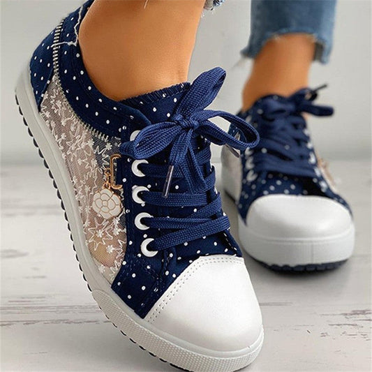 Floral Embroidered Polka Dot Print Sneakers — Women’s Casual Canvas Shoes 