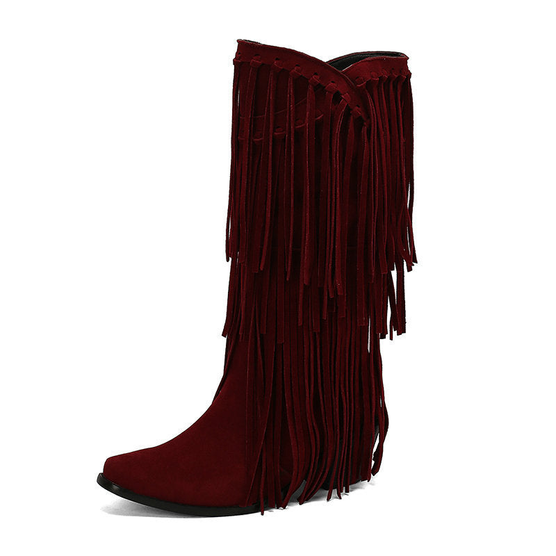 Women's High Boots Autumn And Winter Suede High Heel Tassel Boots Below The Knee  Boots