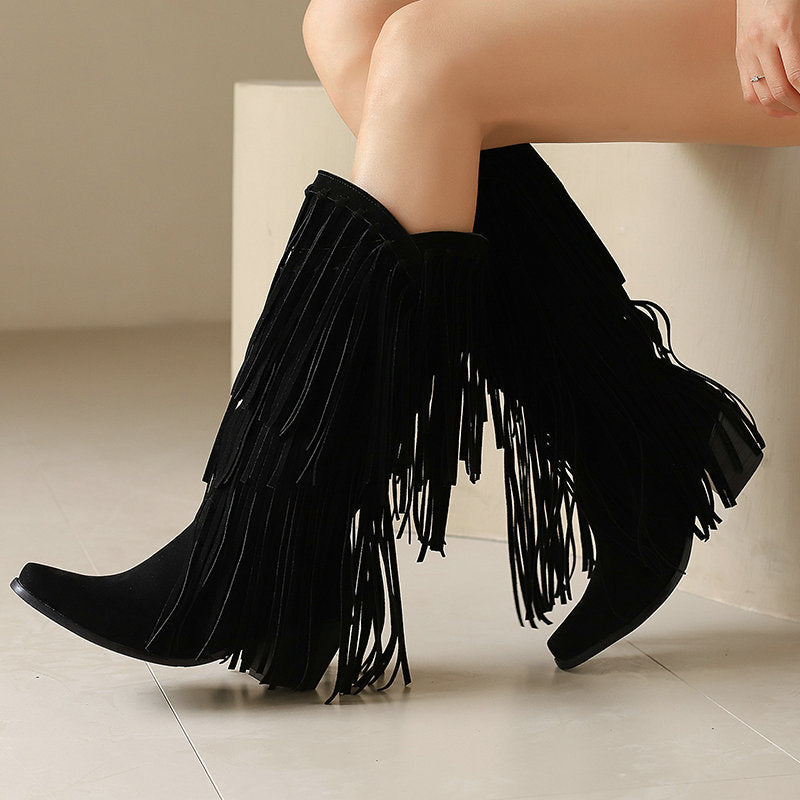 Women's High Boots Autumn And Winter Suede High Heel Tassel Boots Below The Knee  Boots