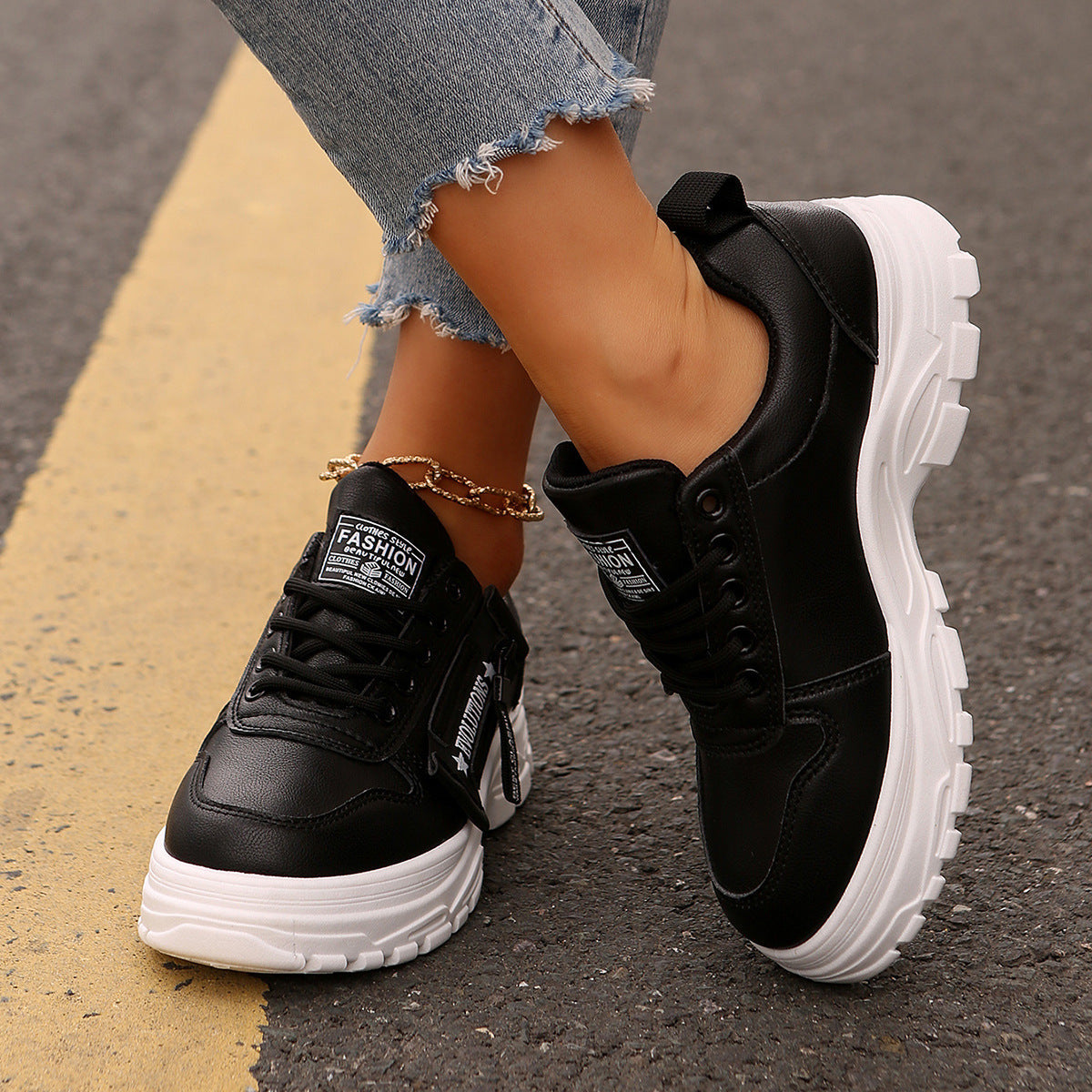 Lace-up Sports Shoes With Side-Zipper Design Fashion Thick-soled Round-toe Casual Shoes For Women Sneakers  walking shoes