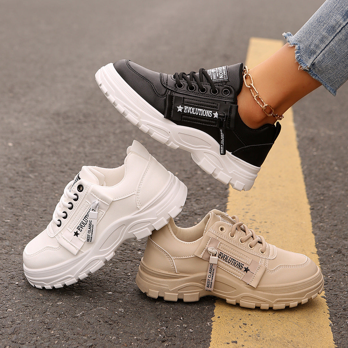 Lace-up Sports Shoes With Side-Zipper Design Fashion Thick-soled Round-toe Casual Shoes For Women Sneakers  walking shoes