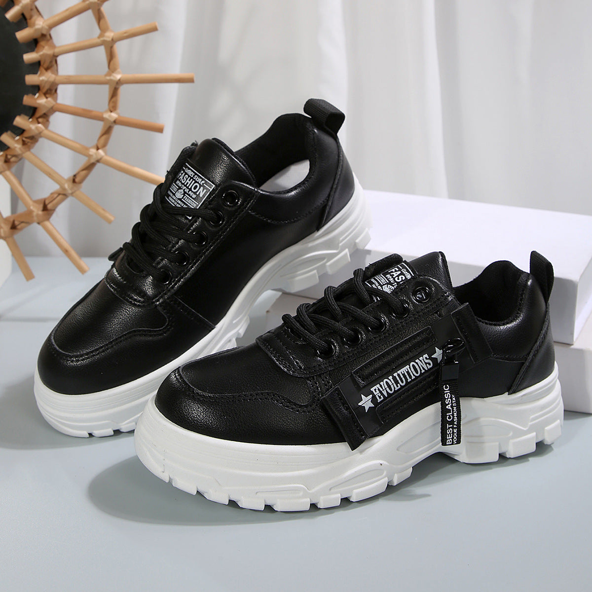 Lace-up Sports Shoes With Side-Zipper Design Fashion Thick-soled Round-toe Casual Shoes For Women Sneakers  walking shoes