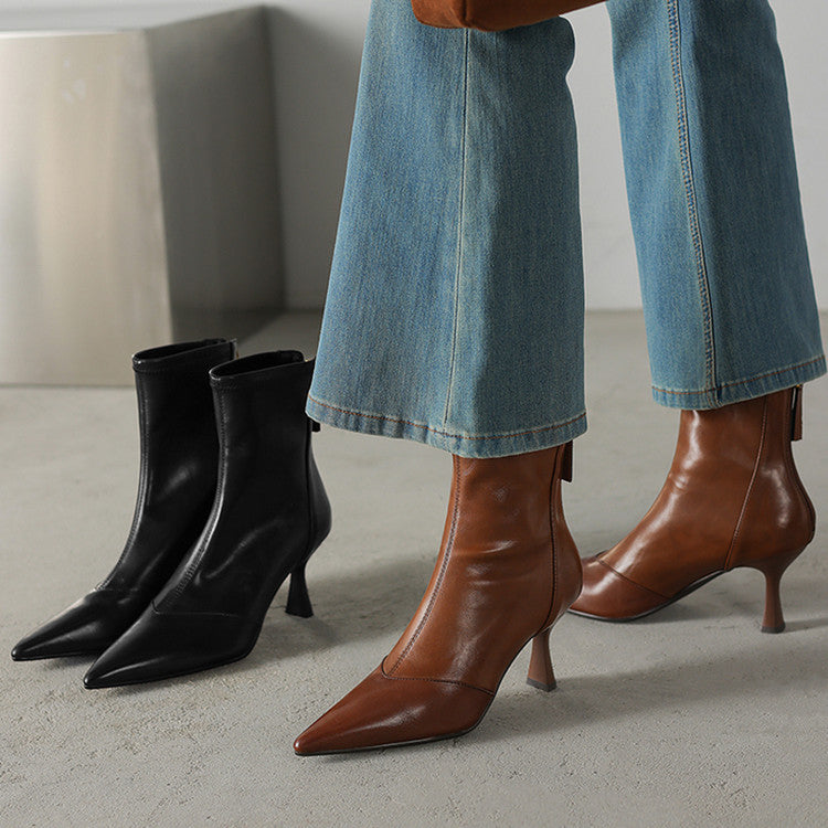 Stiletto-heeled Cowhide Pointed-toe Ankle Boots With A Back Zipper 