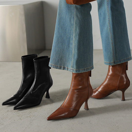 Stiletto-heeled Cowhide Pointed-toe Ankle Boots With A Back Zipper 