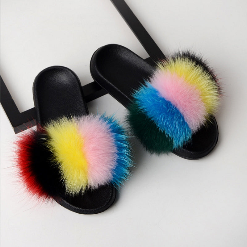 Women Flat Non-slip Solid Fox Fur Slides Real Fox hair Slides Large Size Slippers  casual slippers